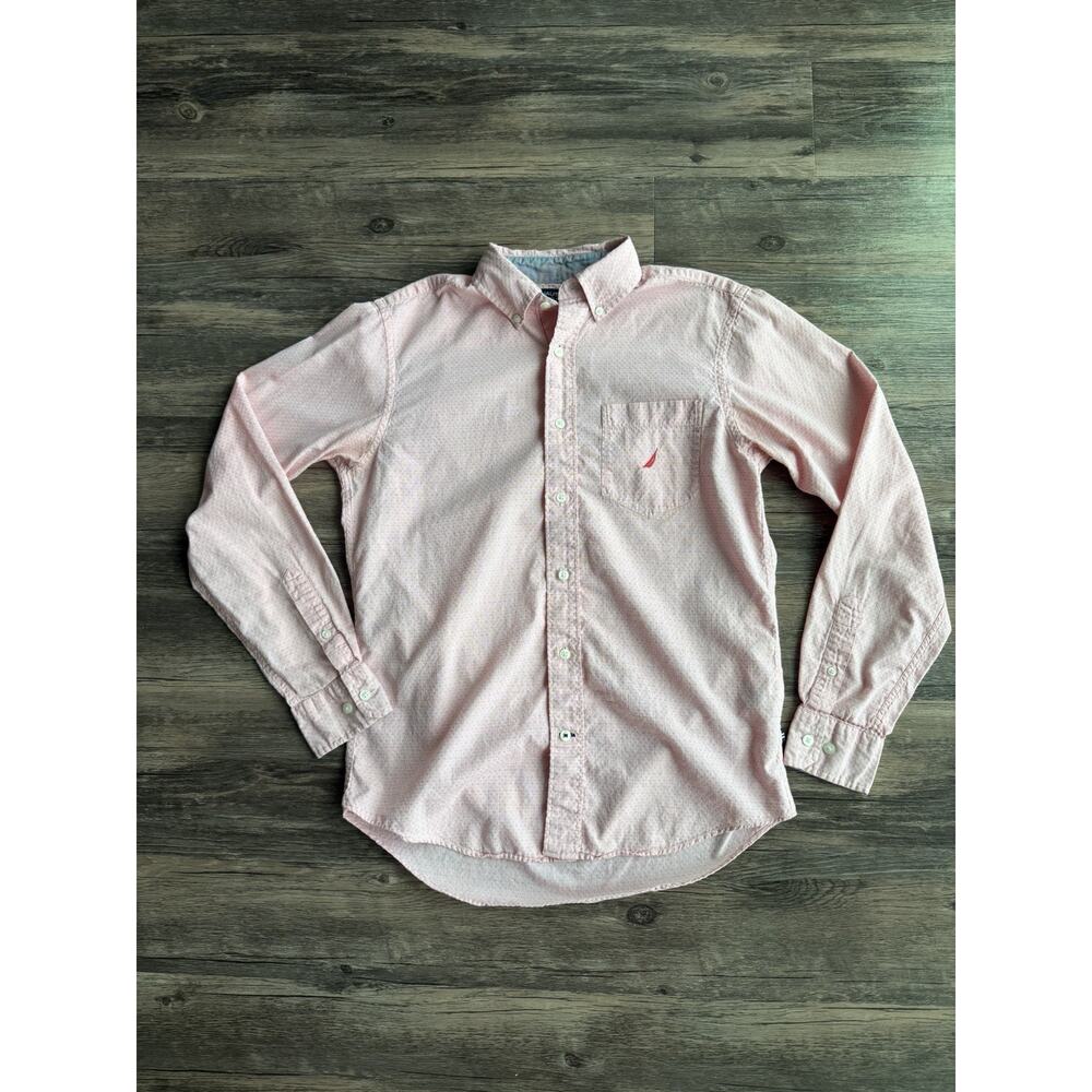 Nautica Slim Fit S Premium Button Down Long Sleeve Pocket Pink Jacquard Texture